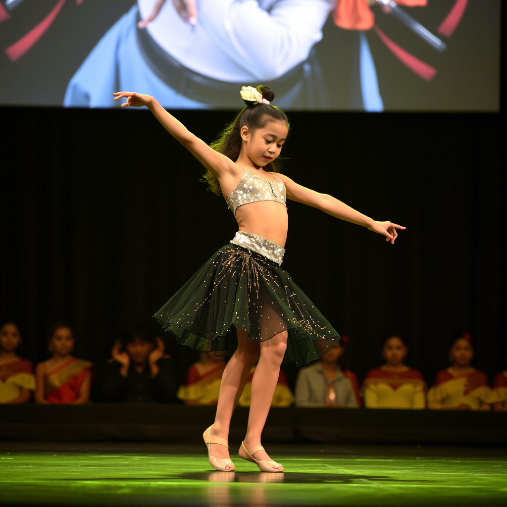 Young dancer in sparkly skirt performing on stage