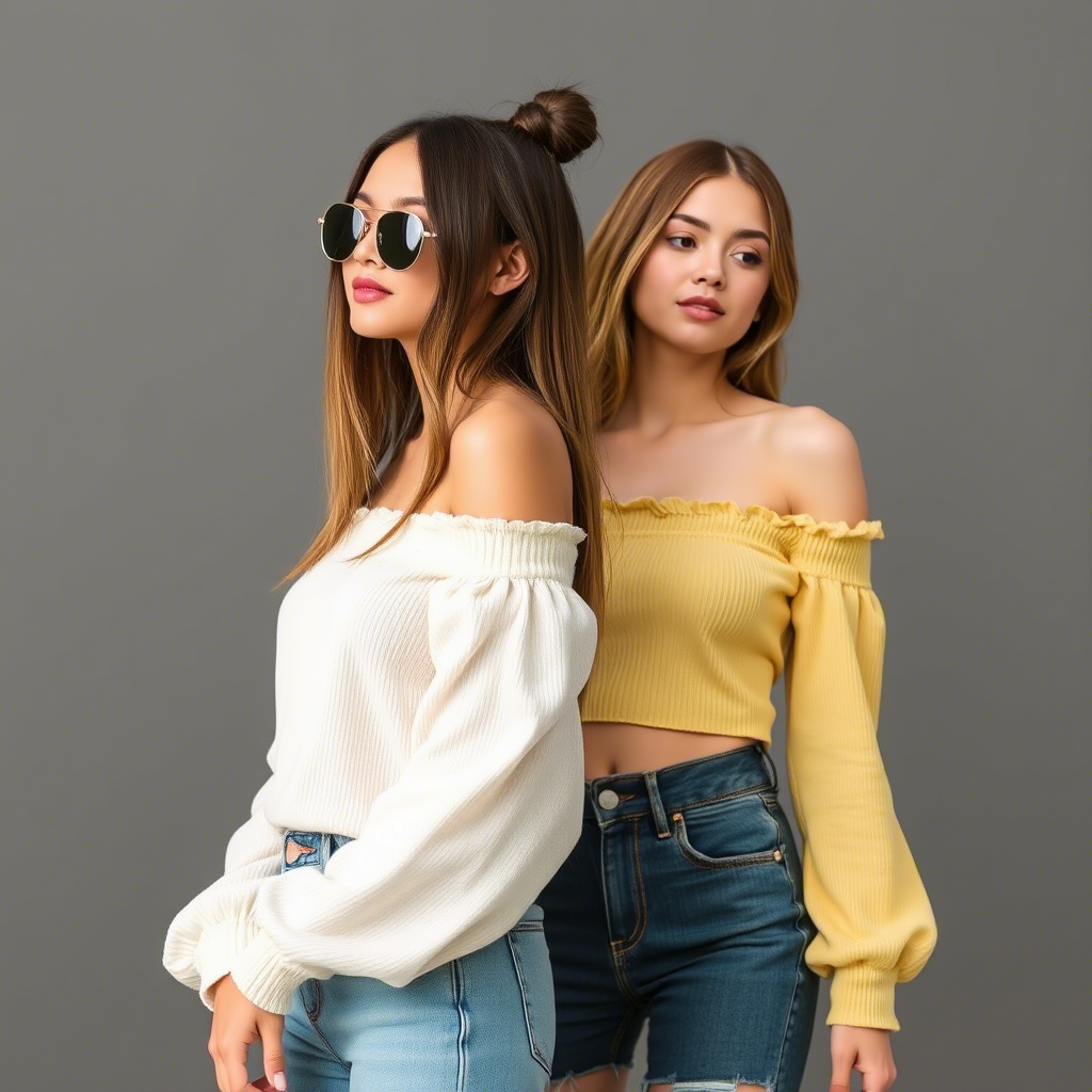 Young fashionistas in trendy off shoulder tops