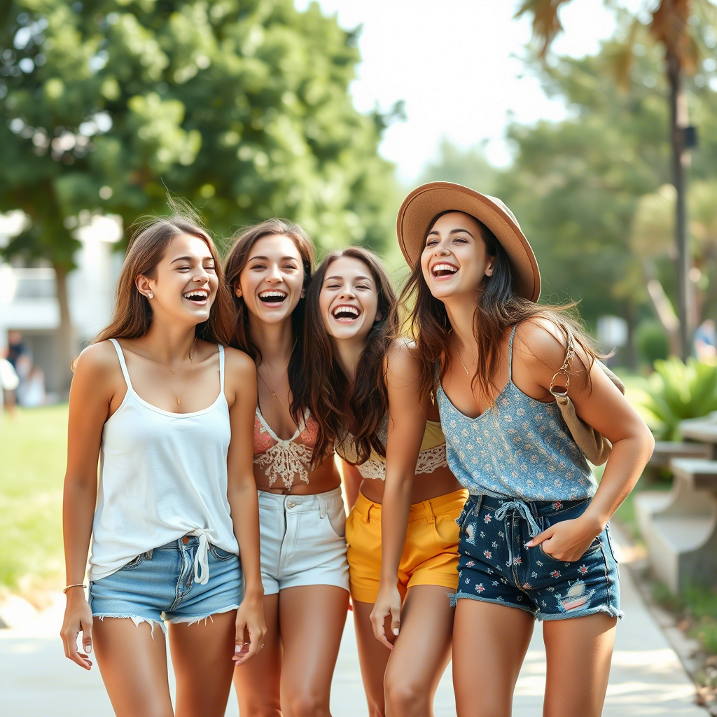 Young friends laughing and playing in casual summer outfits