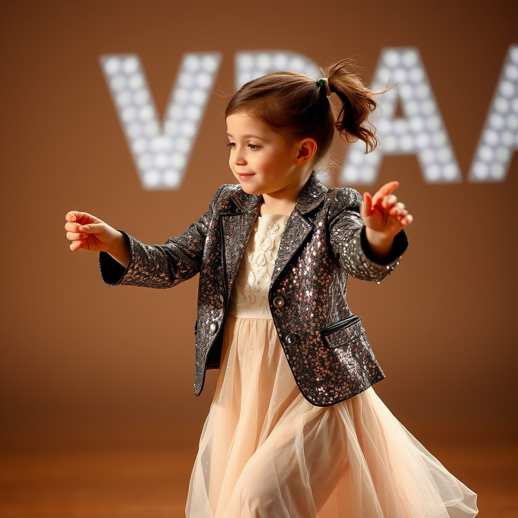 Young girl dancing in a glittering jacket and dress