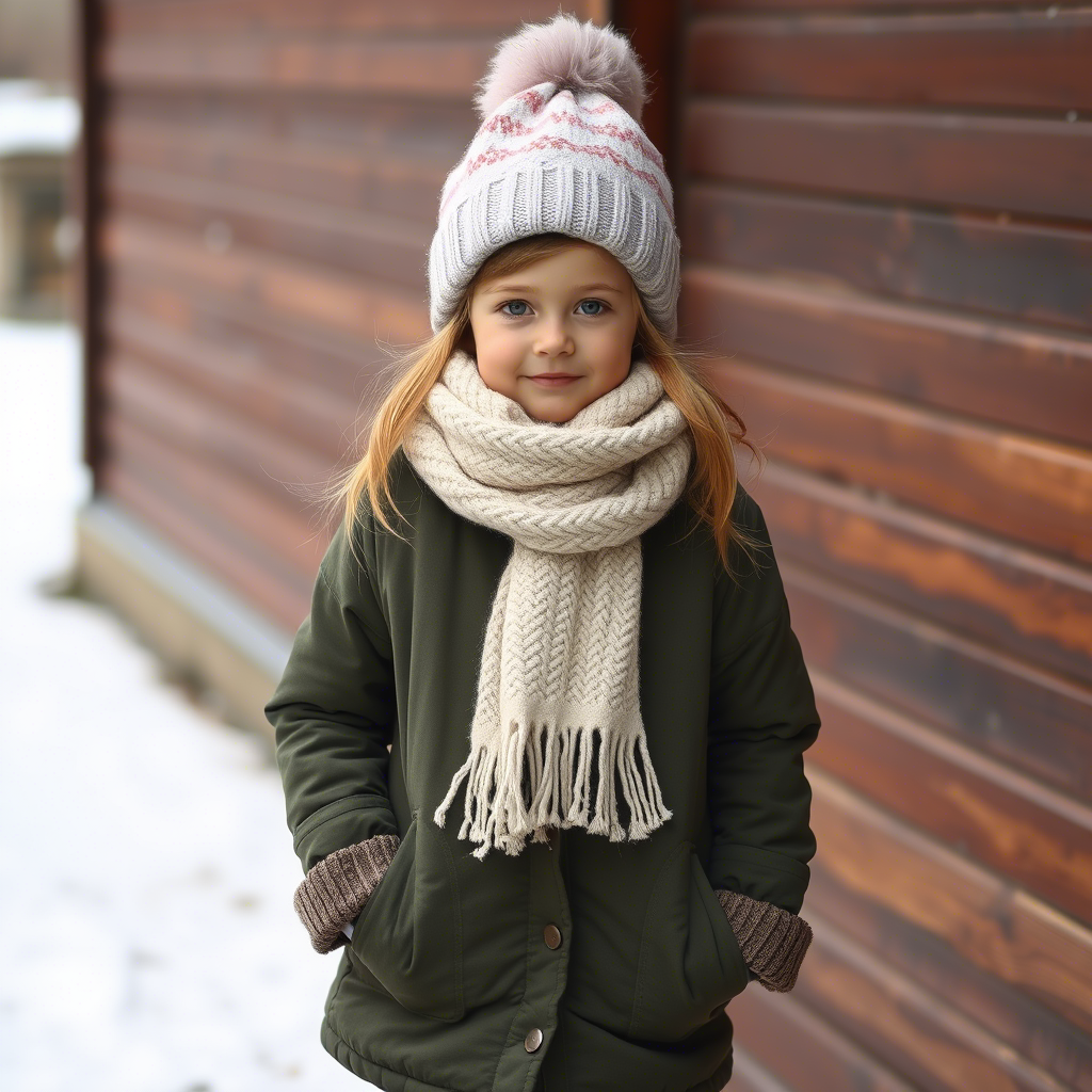 Young girl dressed in cozy winter outfit with scarf and boots