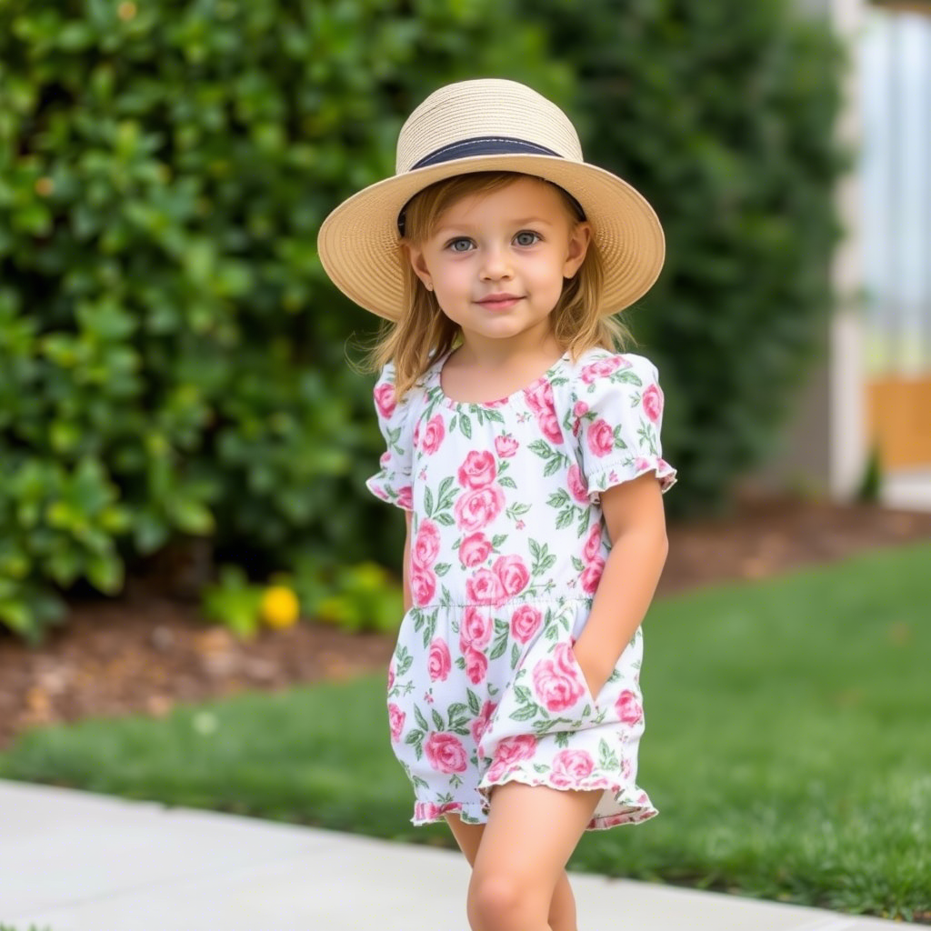 Young girl dressed in floral romper and hat