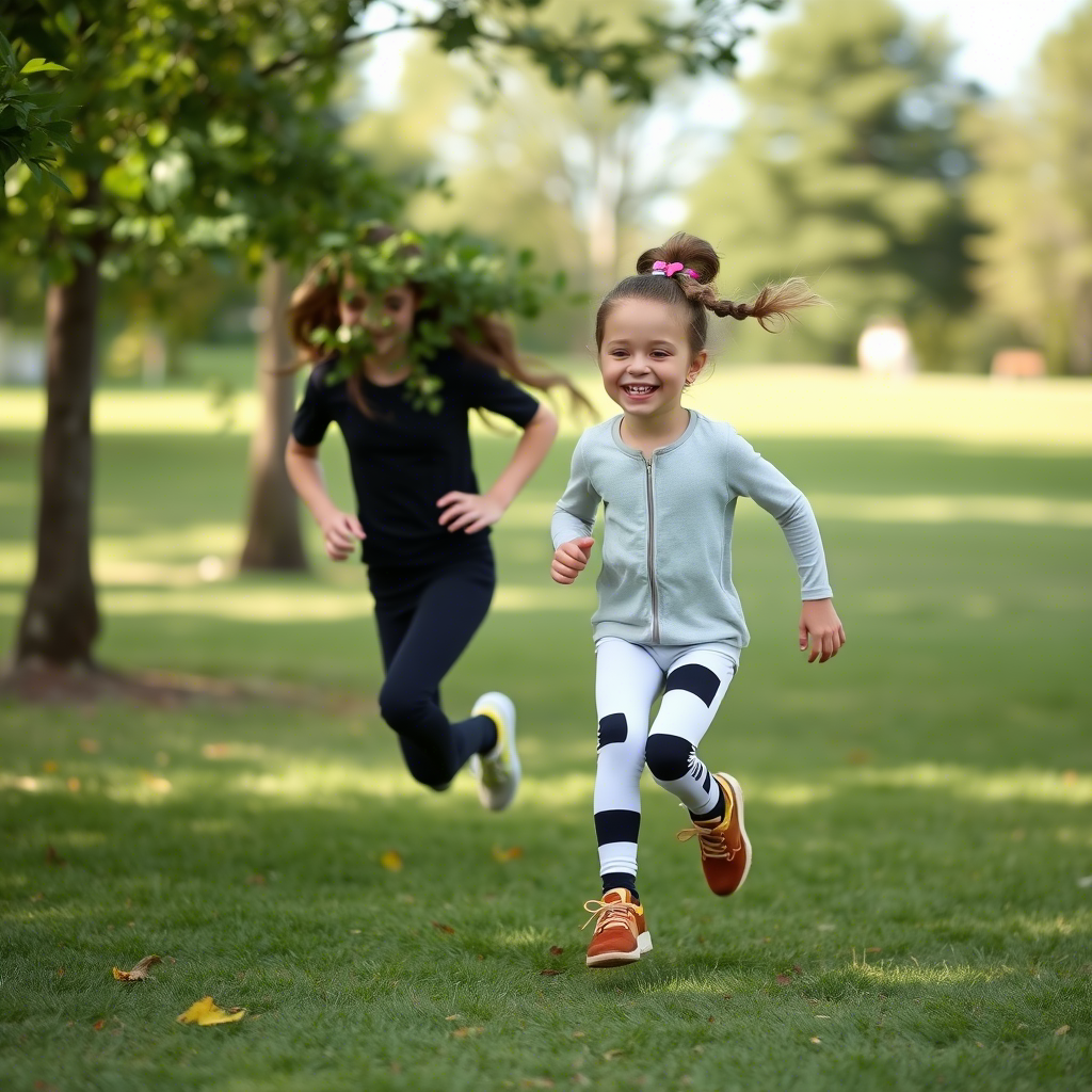 Young girl dressed in stylish leggings and jumpsuit, running happily in a park with friends