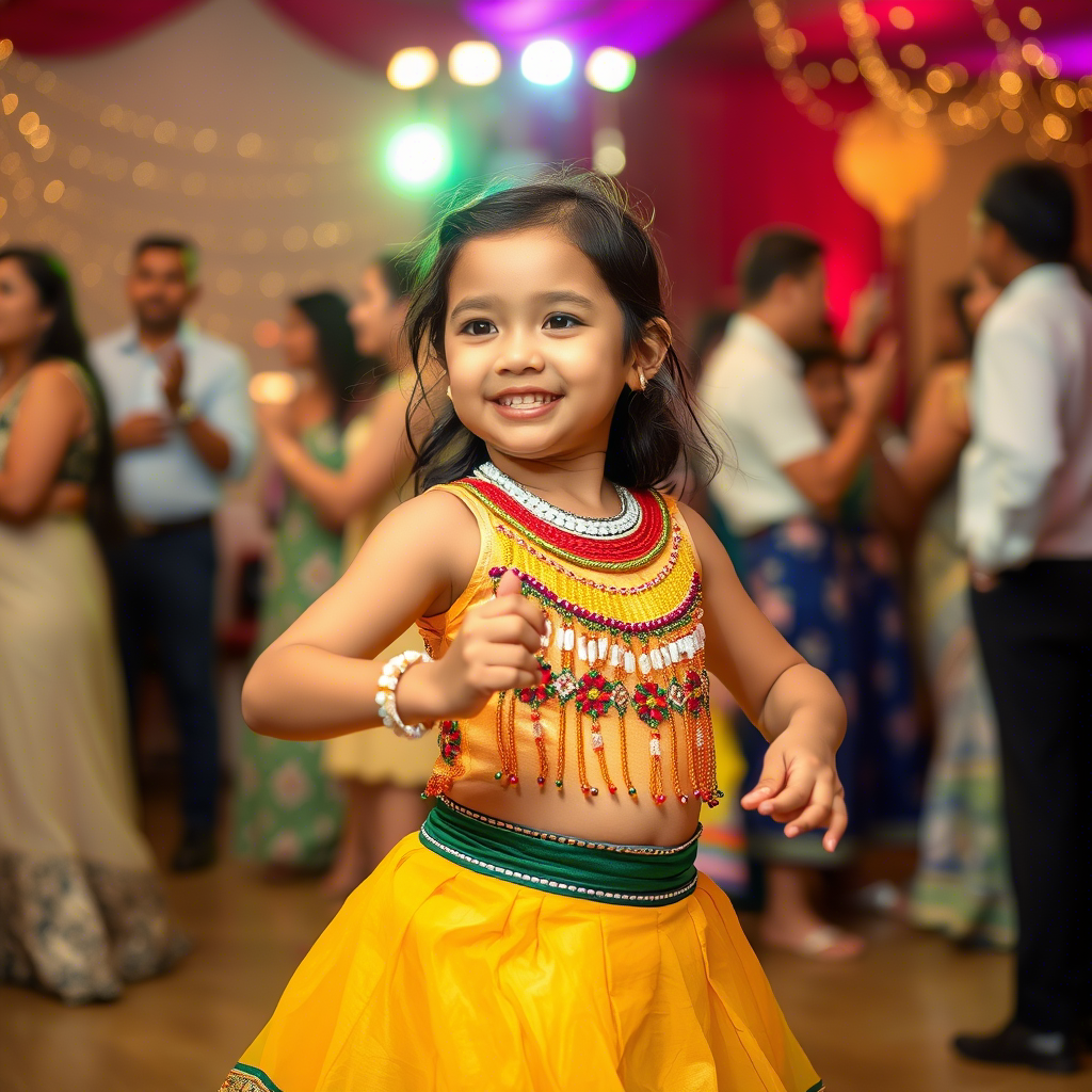 Young girl in a beaded top and skirt dancing at a festive event