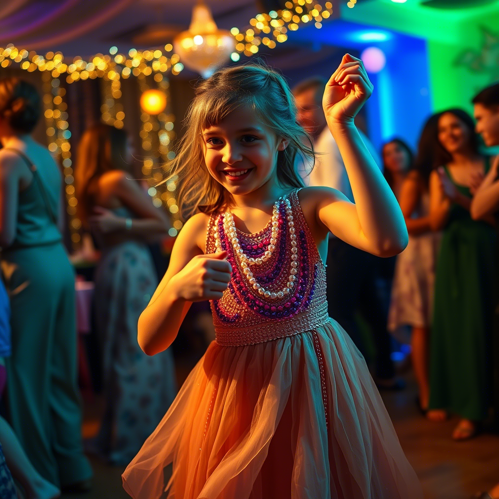 Young girl in a beads dress dancing at a festive party with friends