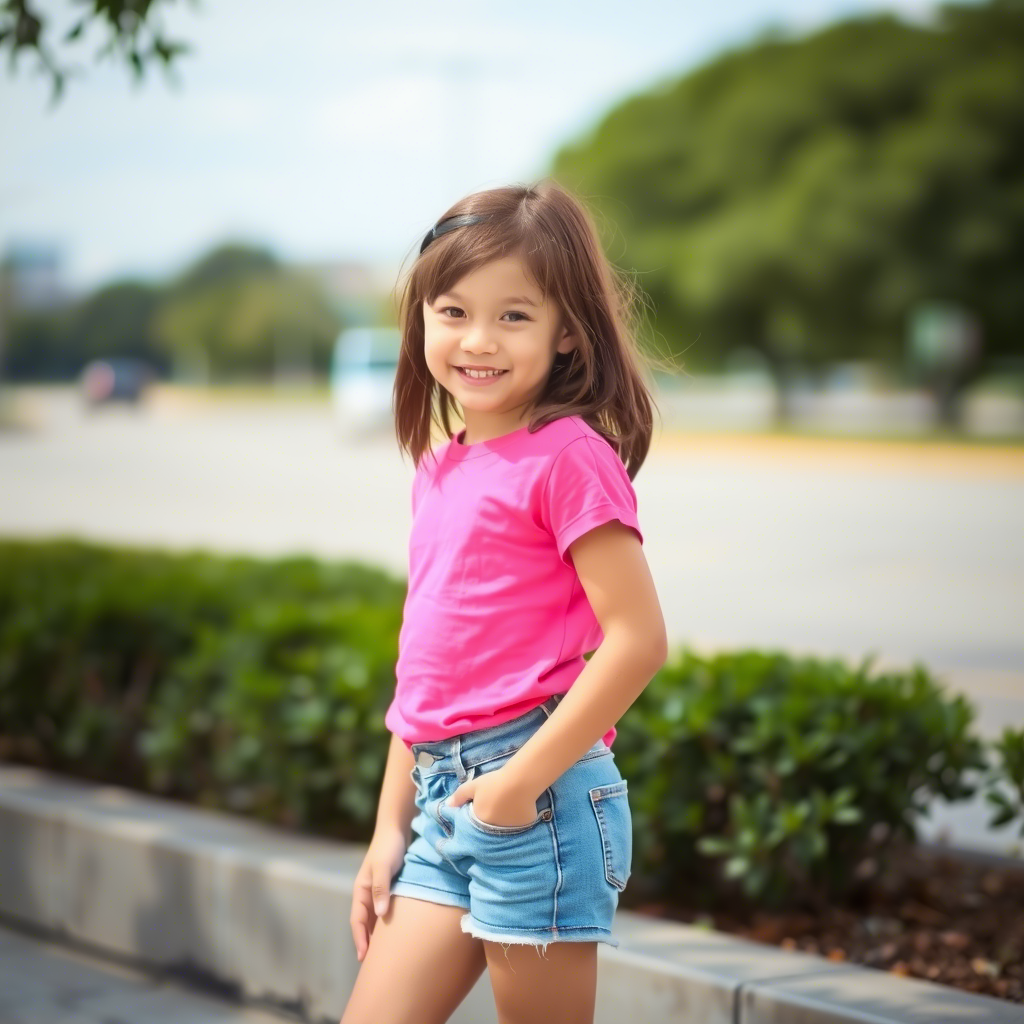 Young girl in a bright pink t-shirt and denim shorts