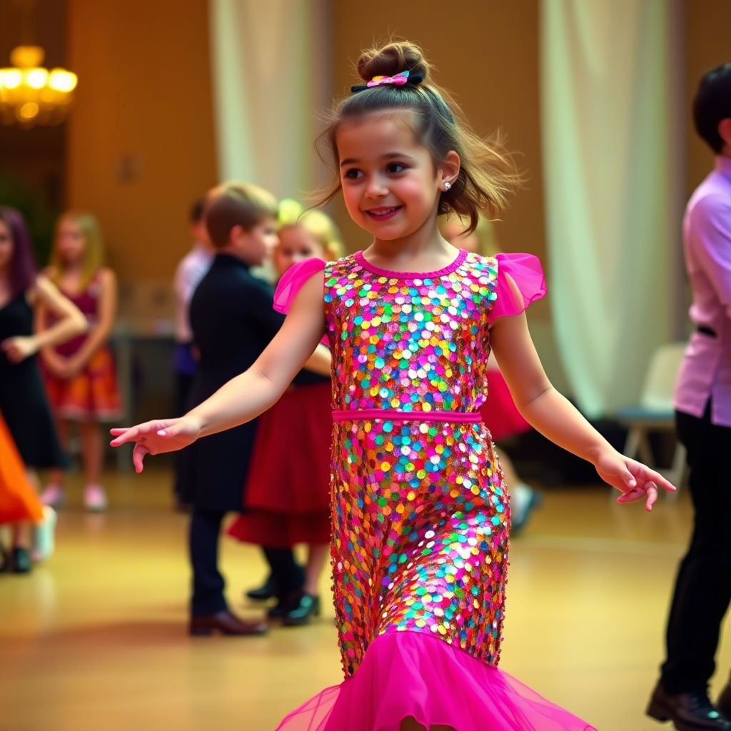 Young girl in a colorful sequin dress twirling at a dance recital
