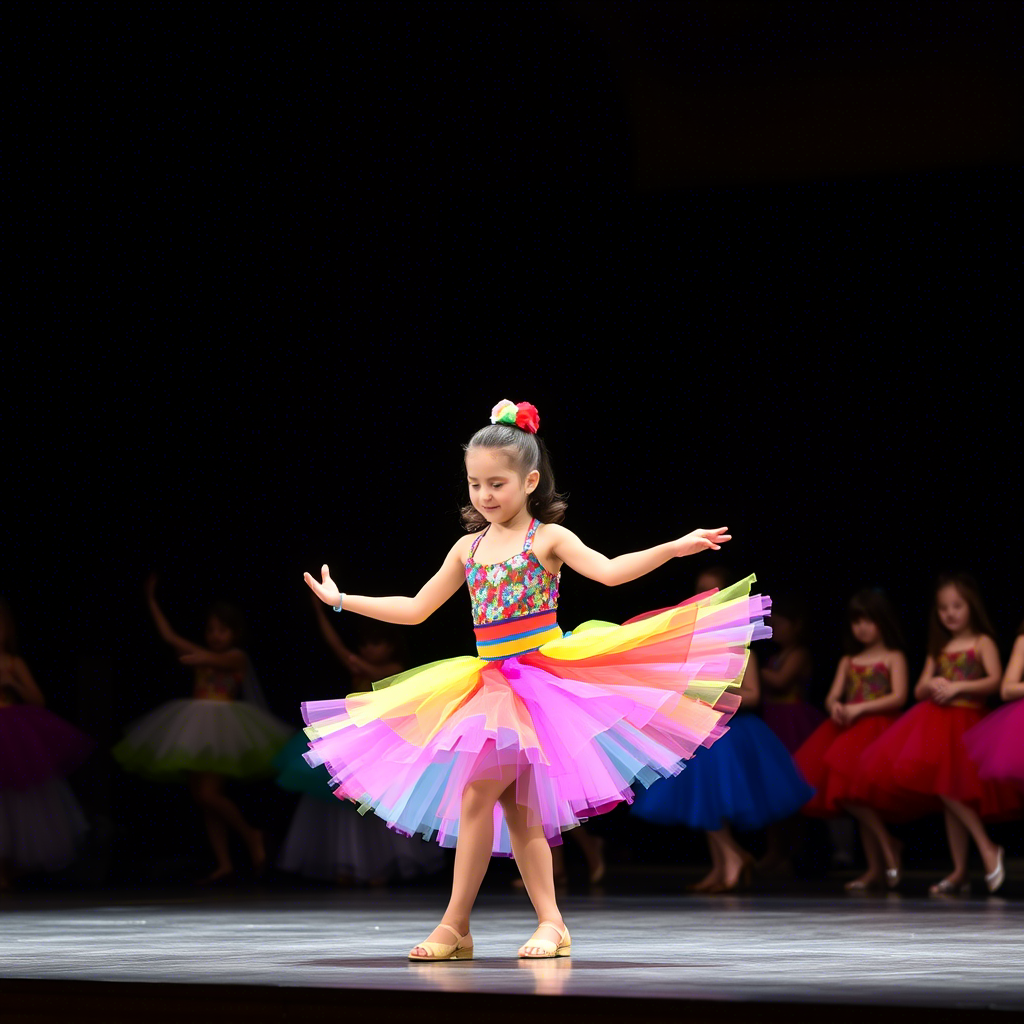 Young girl in a colorful tutu skirt dancing on a stage