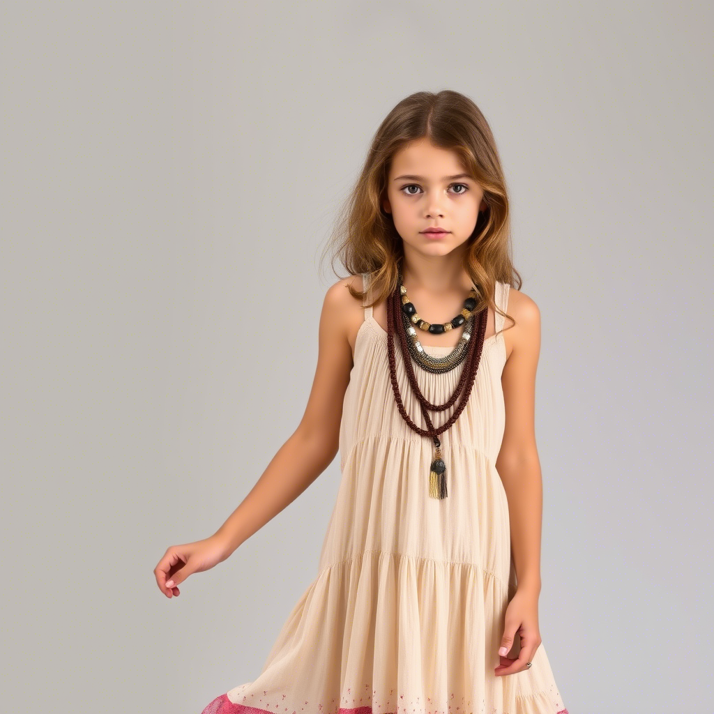 Young girl in a flowy, bohemian maxi dress with layered necklaces