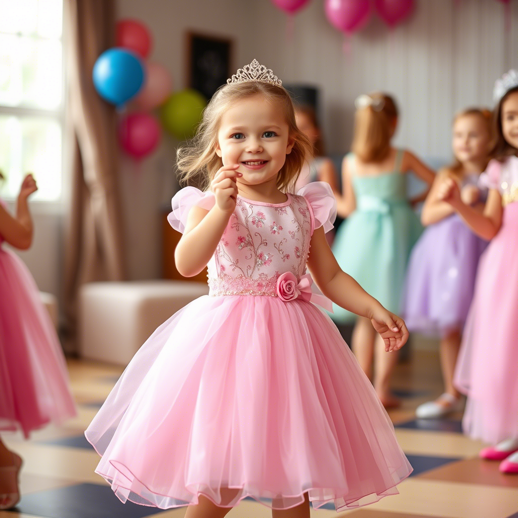 Young girl in a pastel pink princess dress dancing at a kids party