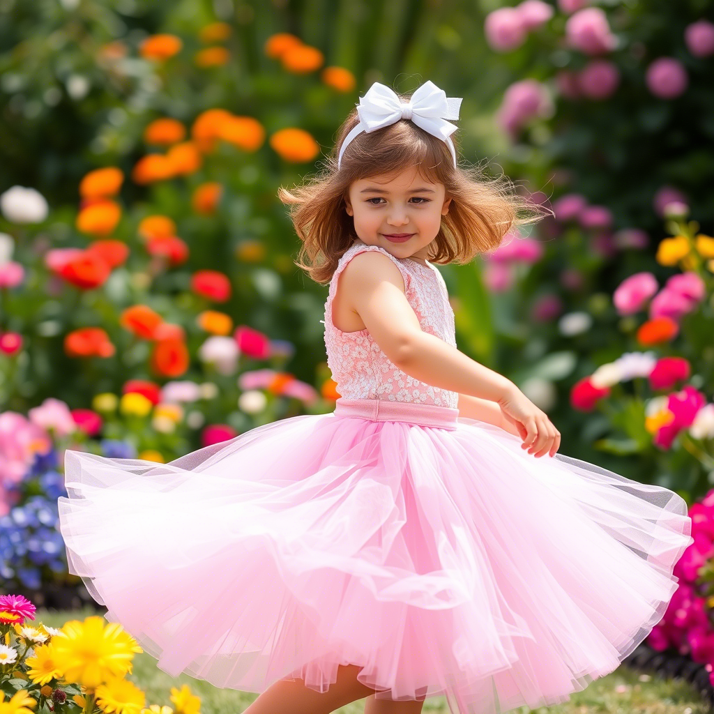 Young girl in a pretty tutu, twirling in a garden filled with flowers
