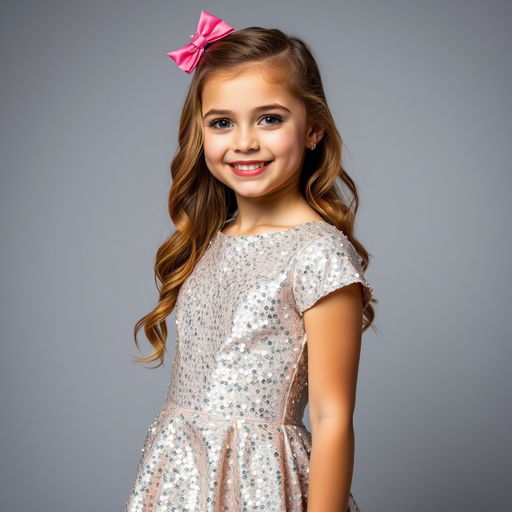 Young girl in a shimmering sequin dress posing for a party photo shoot