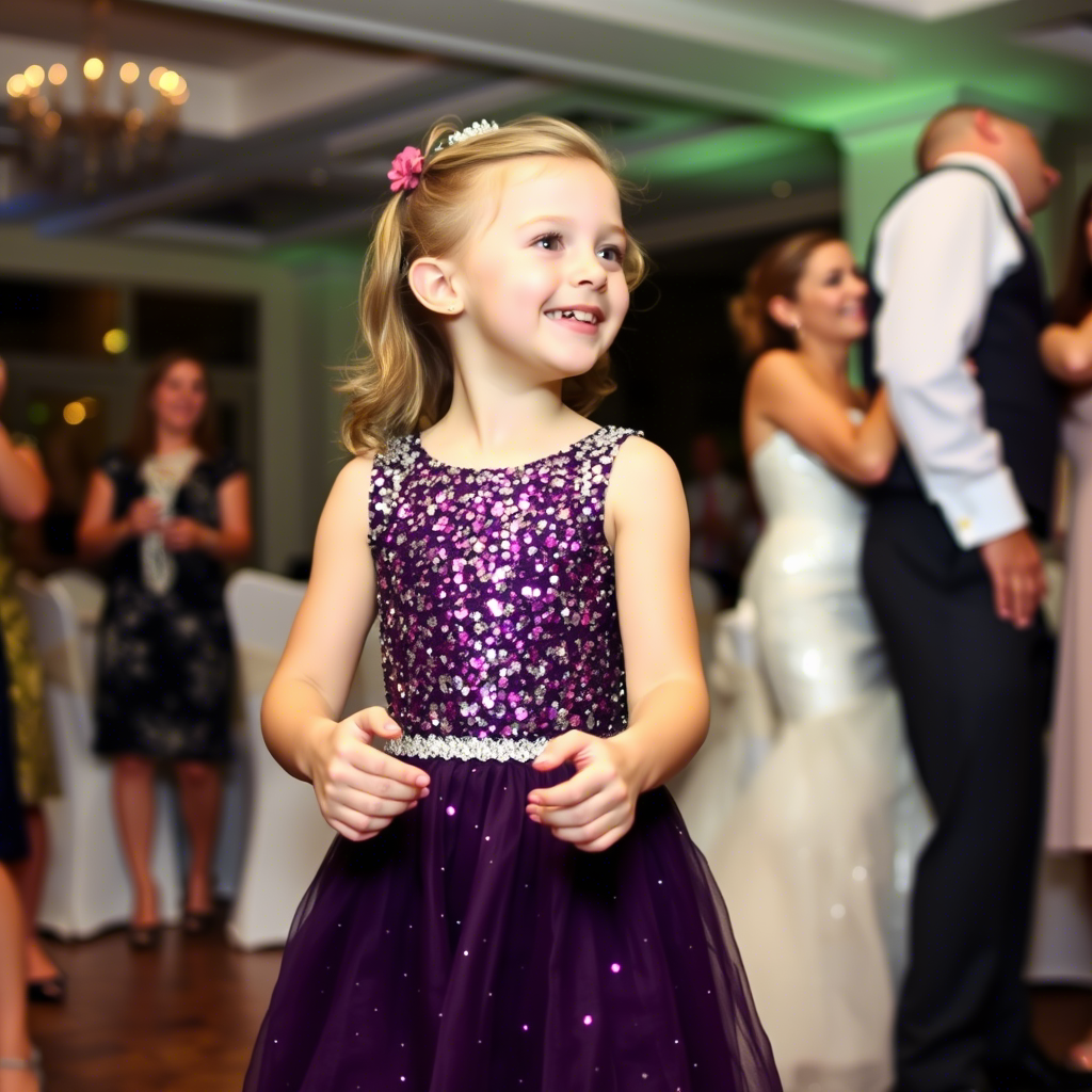 Young girl in a sparkly sequined dress dancing at a wedding reception
