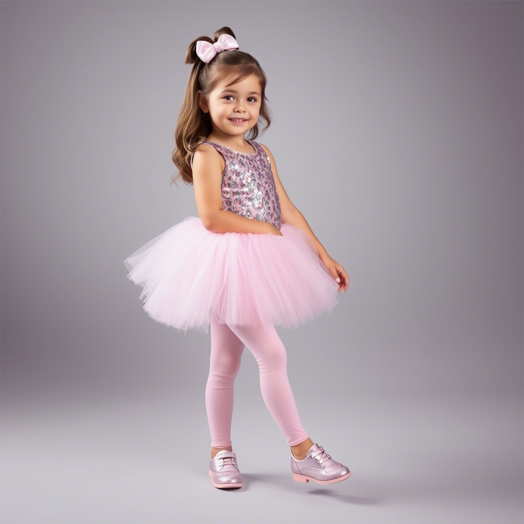 Young girl in a sparkly tutu dress with matching leggings and shoes