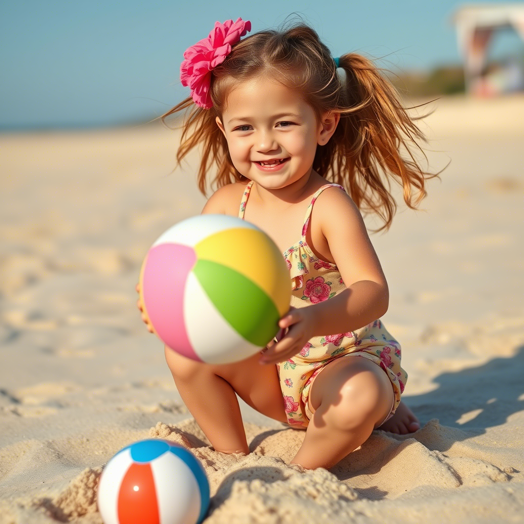 Young girl in a summer outfit, playing with beach balls on the sand.