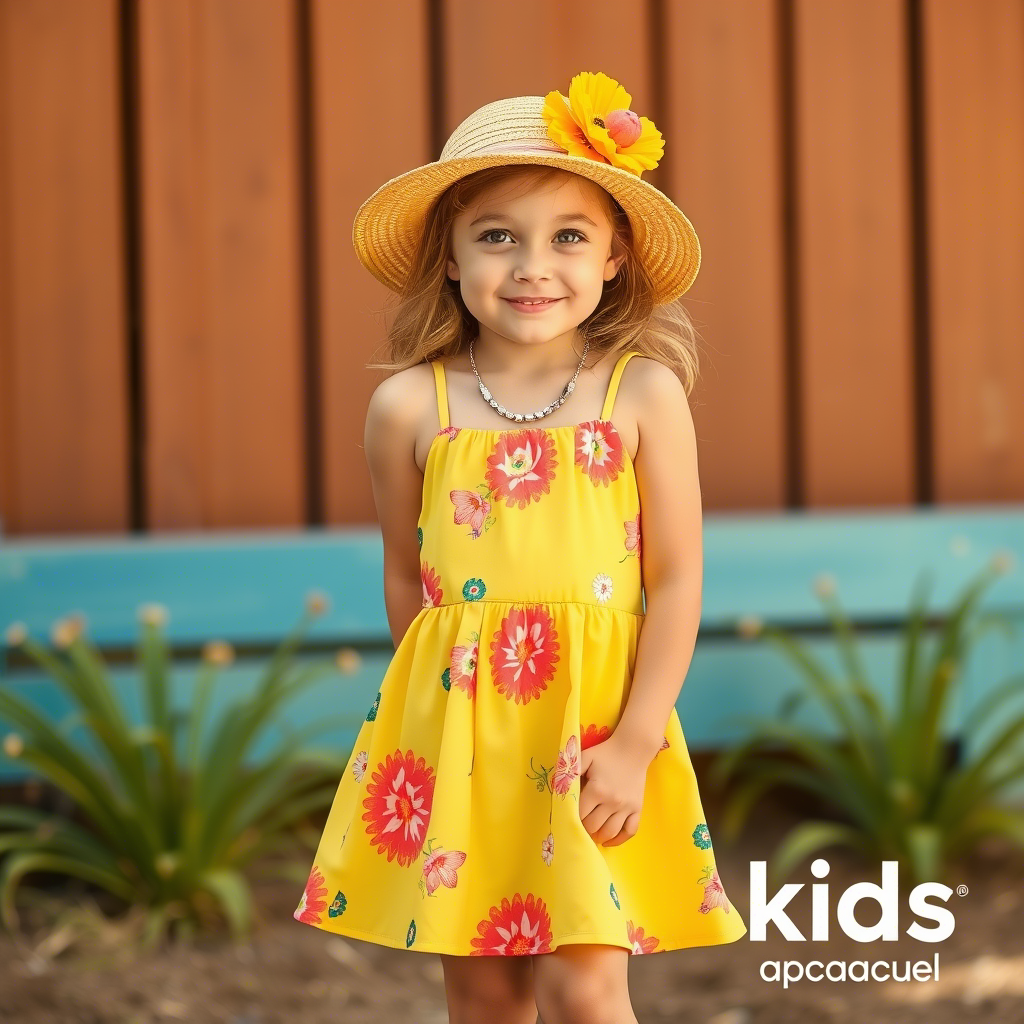 Young girl in a vibrant sundress posing for a kids’ apparel brand catalog