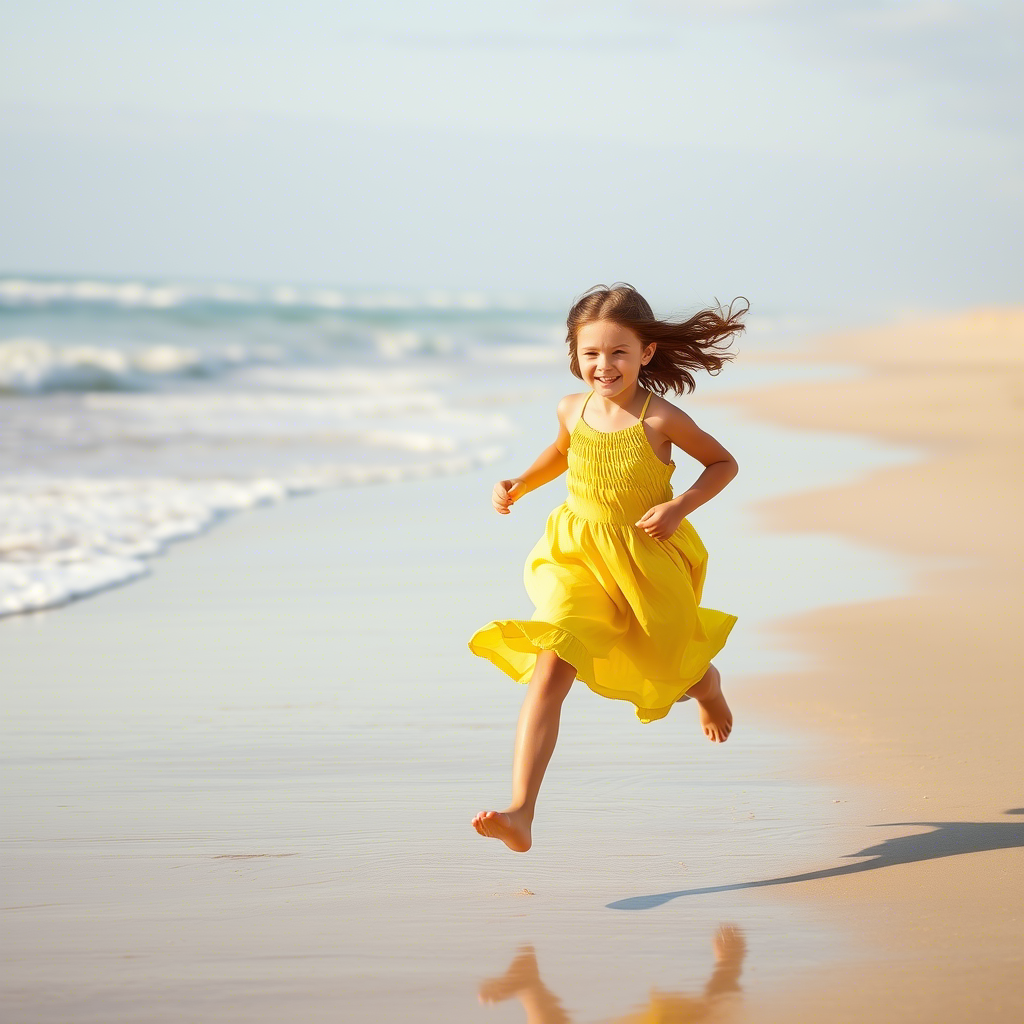 Young girl in a yellow sundress running on the beach