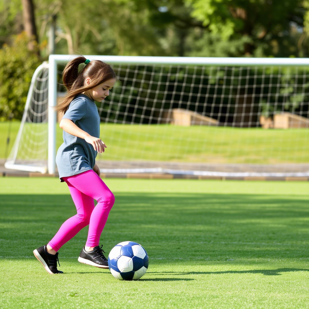 Young girl in bright pink leggings playing soccer outdoors