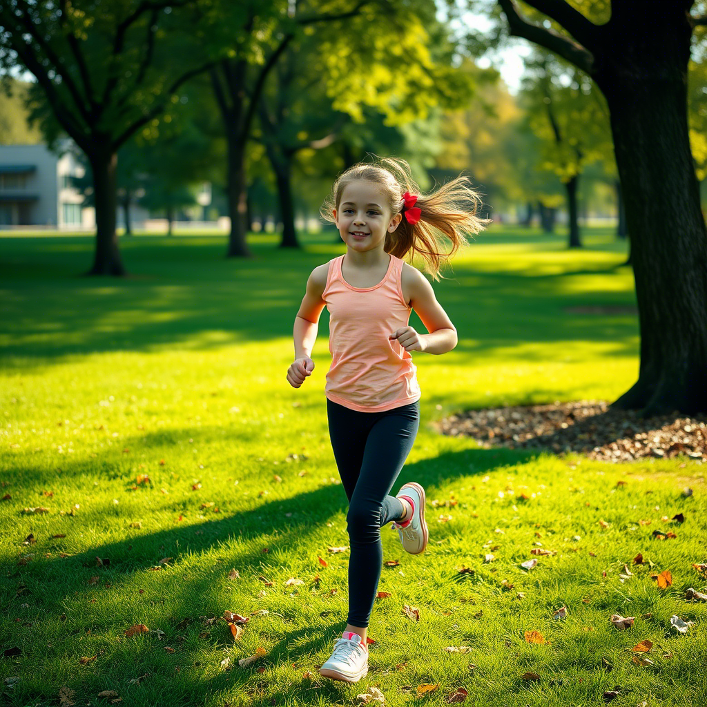 Young girl in comfortable leggings, running in a green park