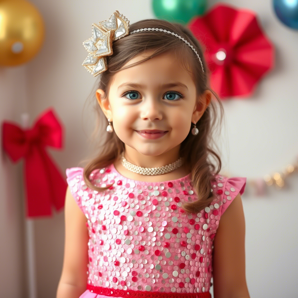 Young girl in festive sequin party dress with glittering accessories