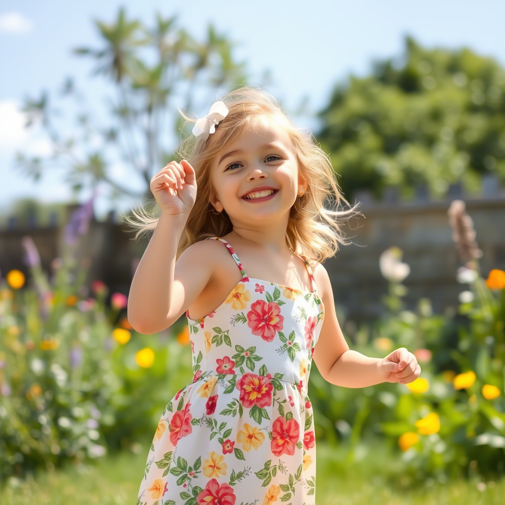Young girl in floral sundress playing outside on a sunny day