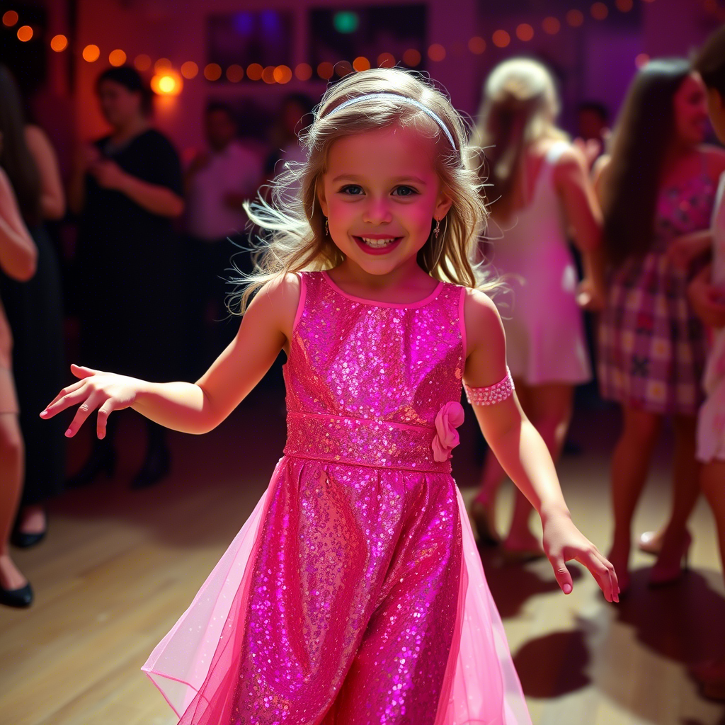 Young girl in glittering party dress dancing happily