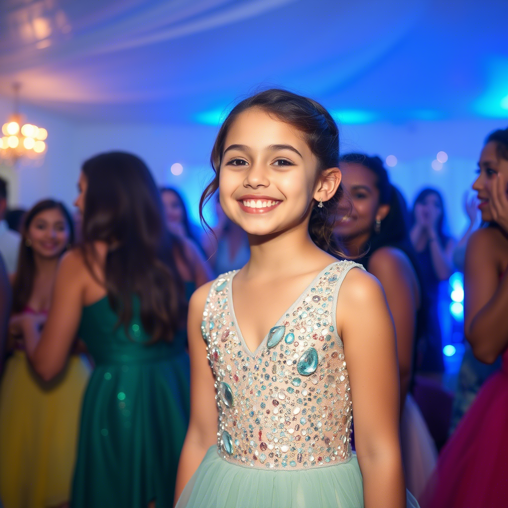 Young girl in glittering party dress smiling with friends