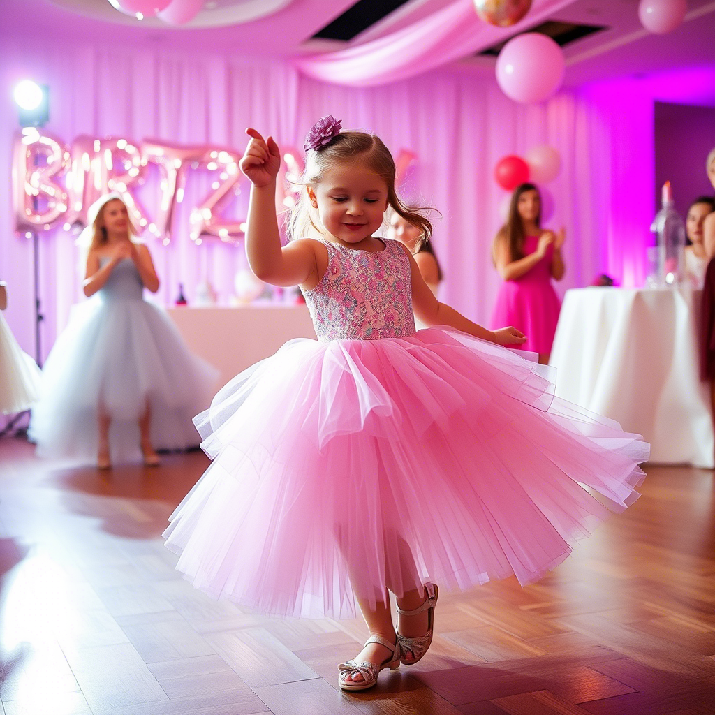 Young girl in layered tulle skirt dancing at birthday
