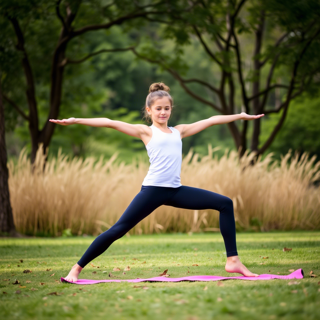 Young girl in leggings practicing yoga in a serene outdoor setting