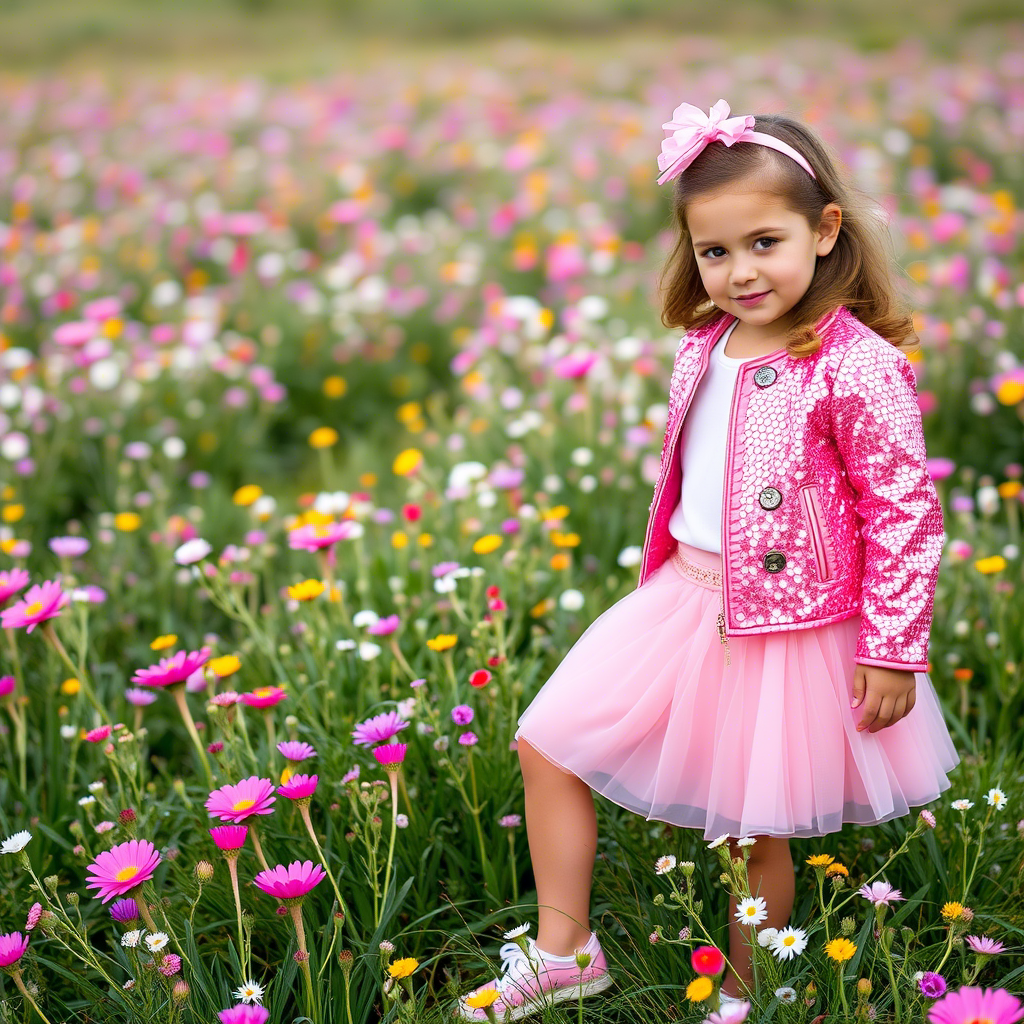 Young girl in pink sequined jacket and matching skirt posing on a flower field