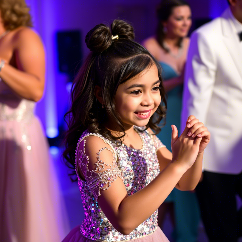 Young girl in shimmering sequin outfit dancing at a formal gala