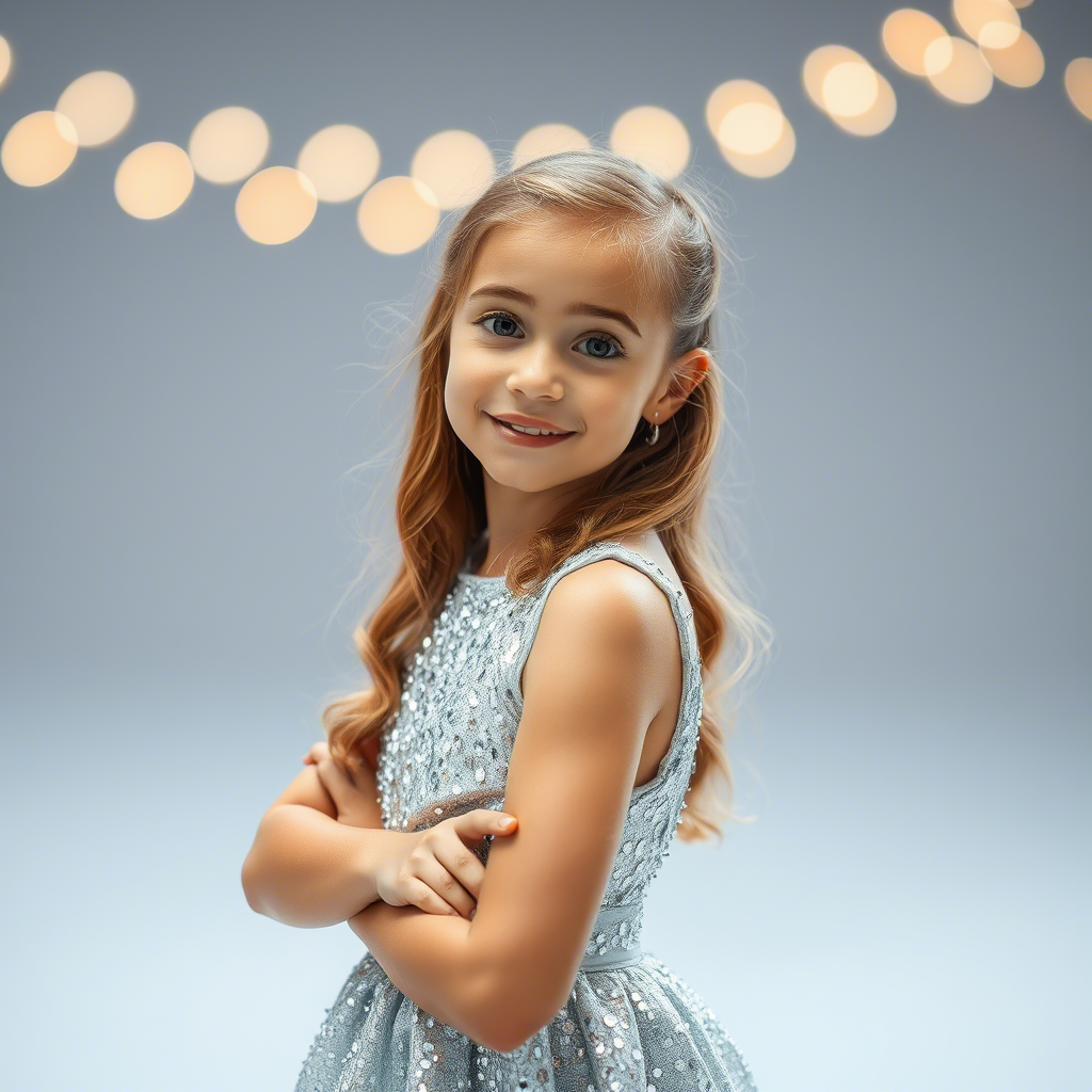 Young girl in shimmering silver dress posing for photo shoot