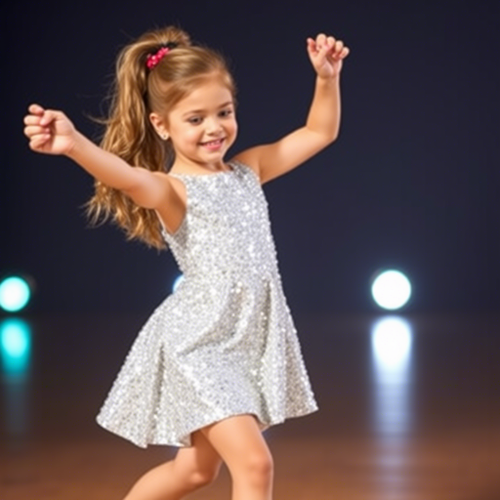 Young girl in shimmering silver sequin dress dancing