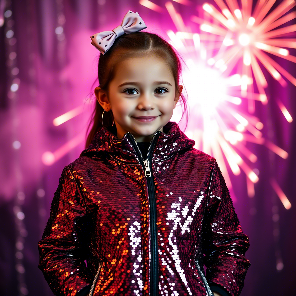Young girl in shiny sequin jacket for new year celebration