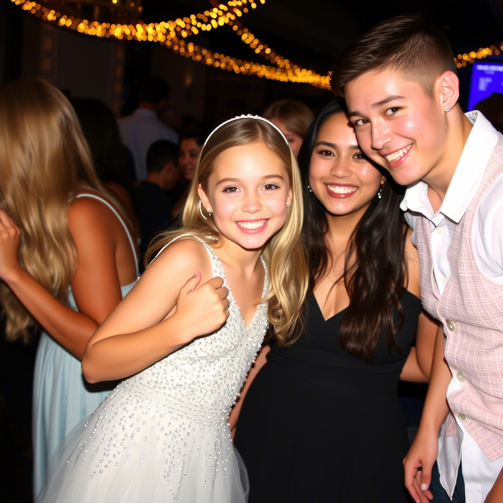 Young girl in sparkling party dress posing with friends at a celebration
