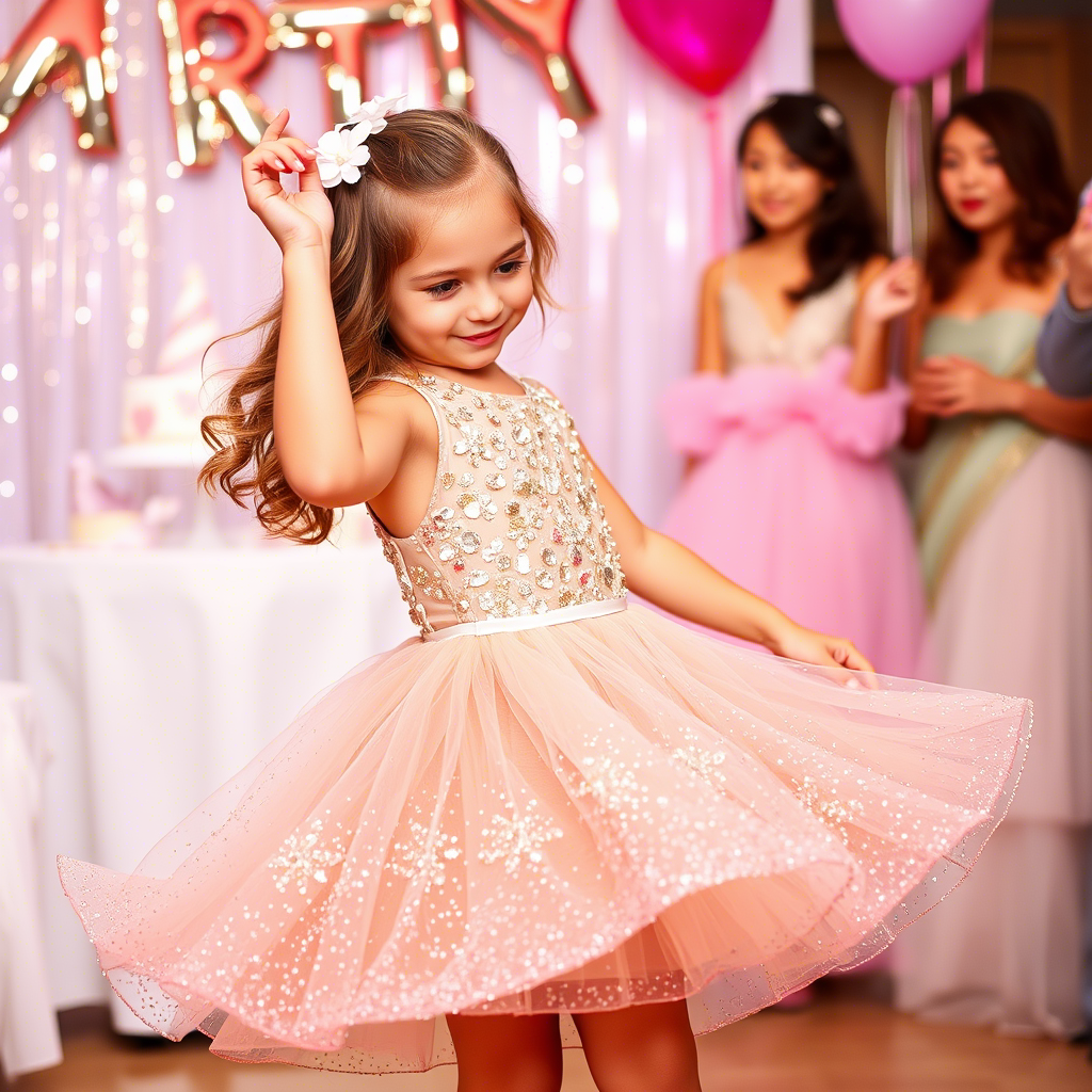 Young girl in sparkly dress twirling at a birthday party