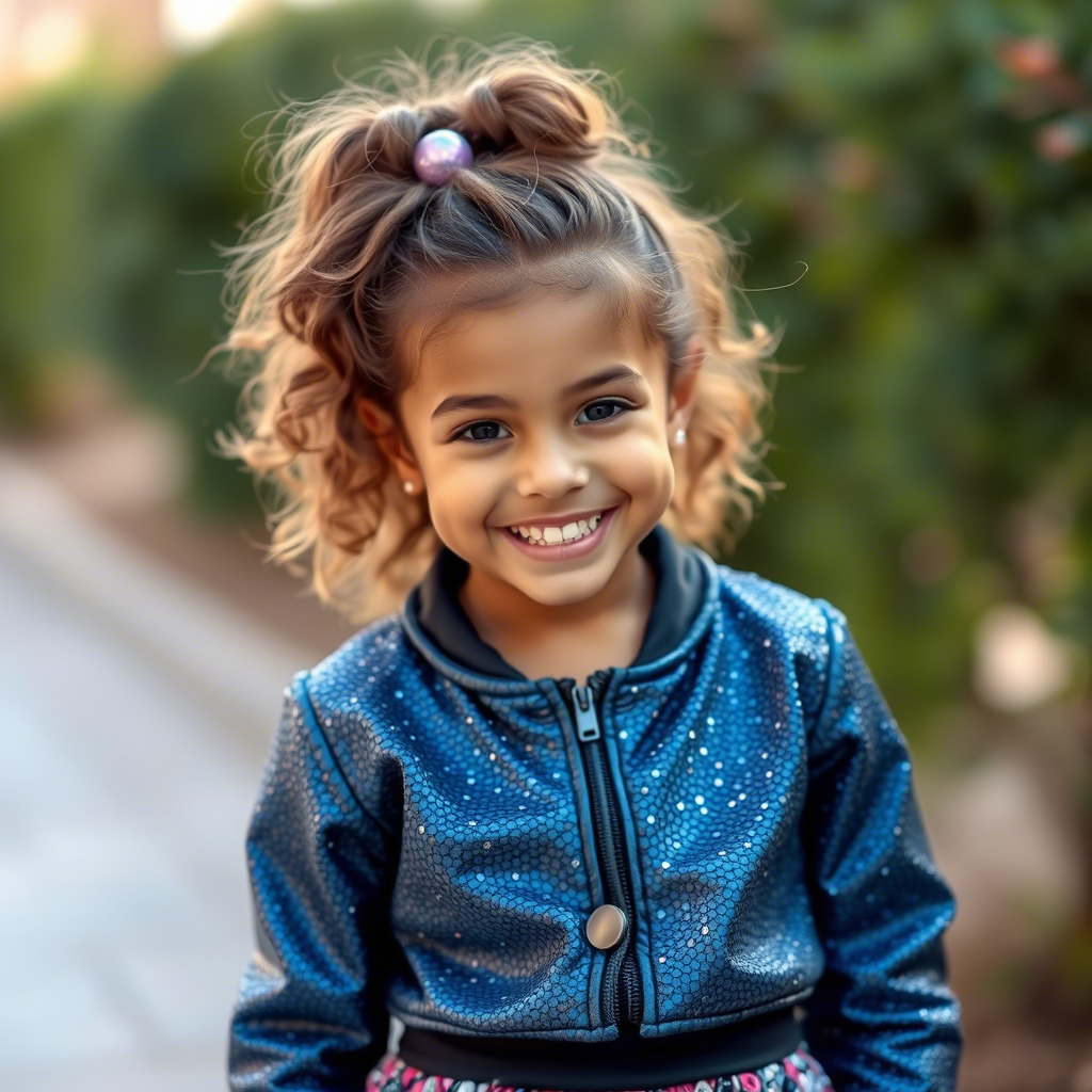Young girl in sparkly jacket and skirt posing with a bright smile
