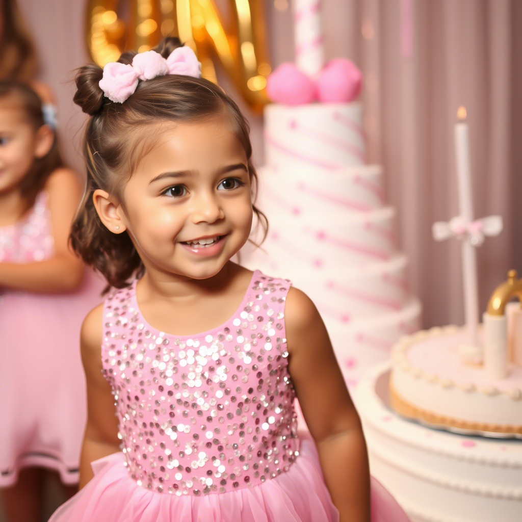Young girl in sparkly pink sequin dress at a birthday celebration
