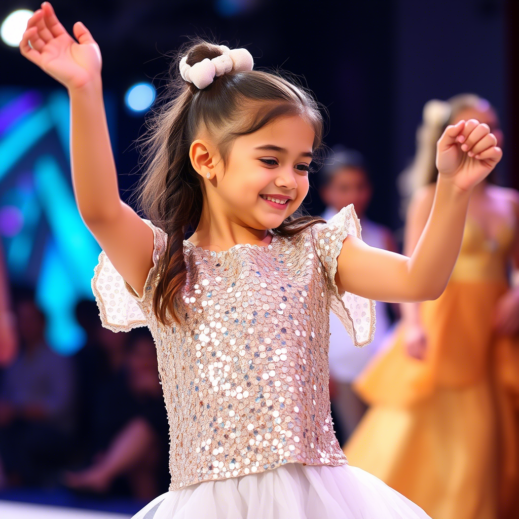 Young girl in sparkly sequin top dancing at a fashion show