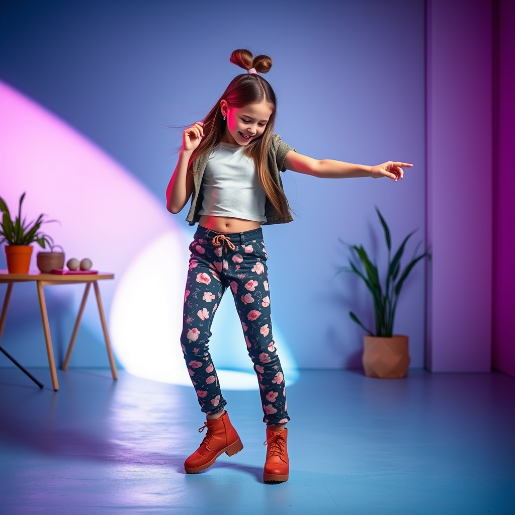 Young girl in trendy pants dancing in a colorful studio