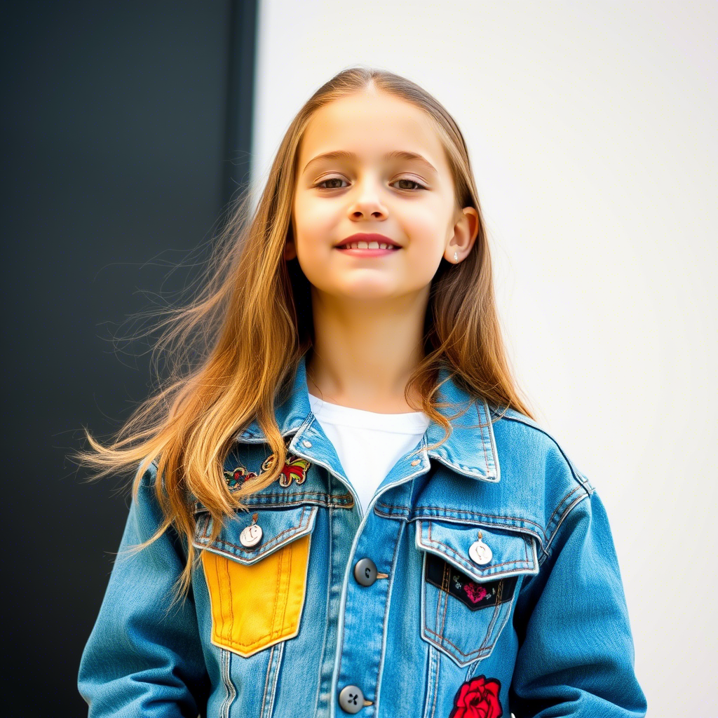 Young girl modeling a trendy denim jacket with colorful patches