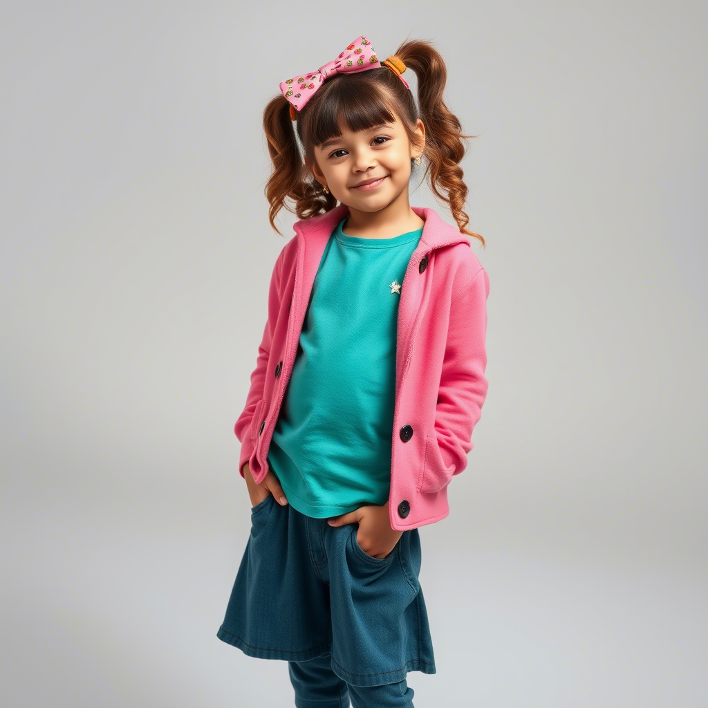 Young girl modeling stylish kids clothing in a photography studio