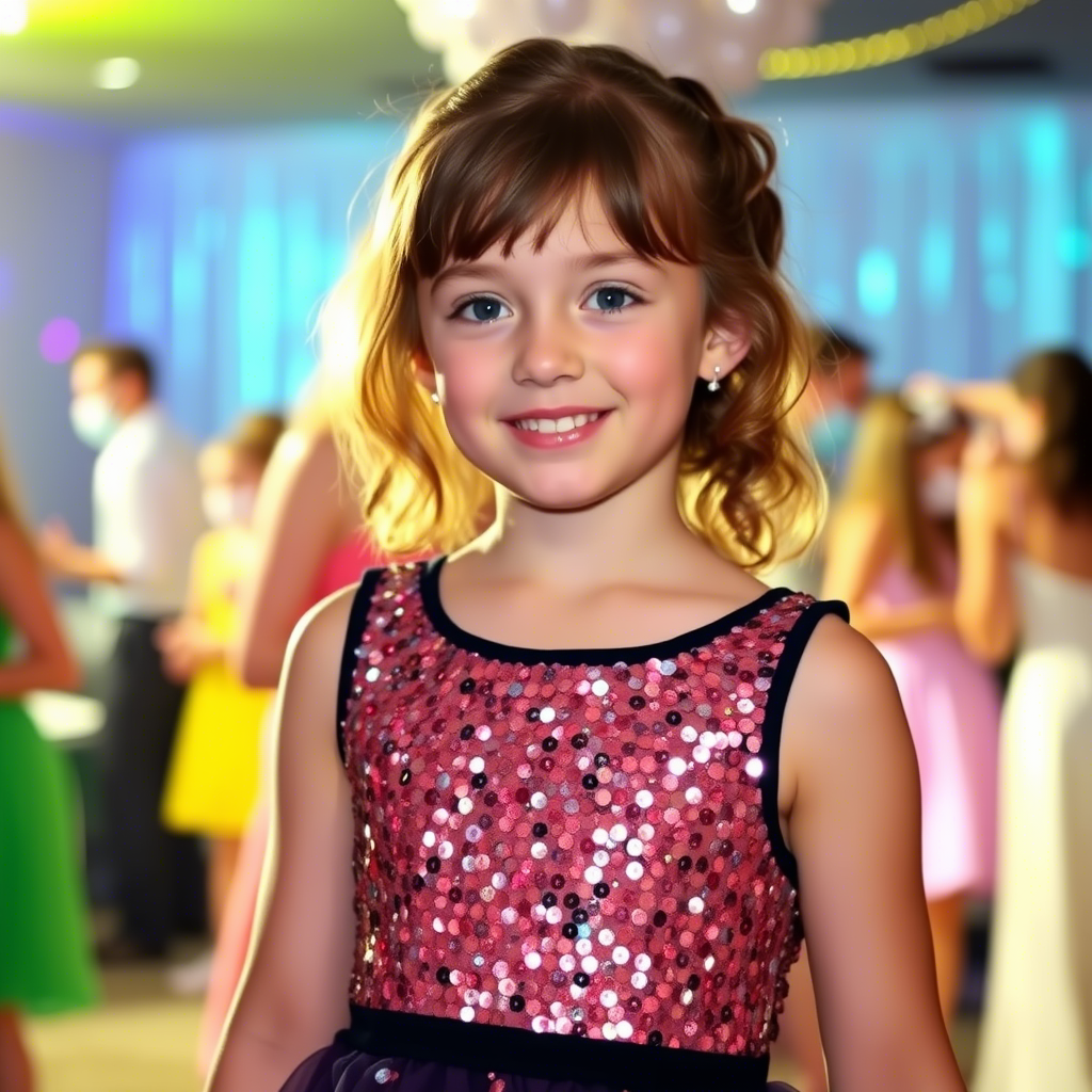 Young girl shining in a dazzling sequin dress at a dance party