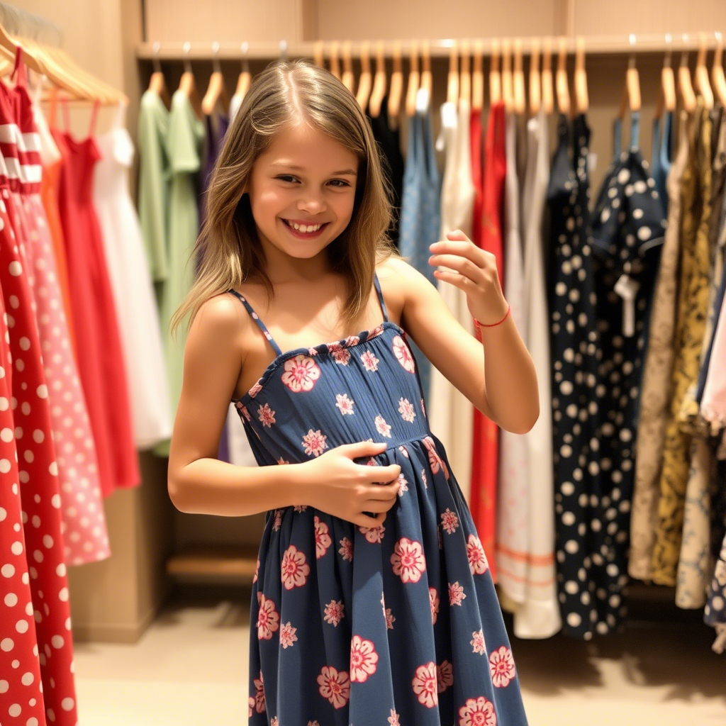 Young girl trying on a cute summer dress in a store