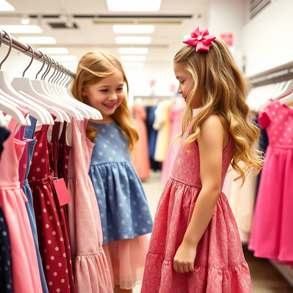 Young girl trying on cute dresses in a clothing store
