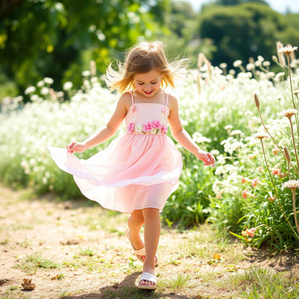 Young girl twirling in a pastel pink sundress with flowers