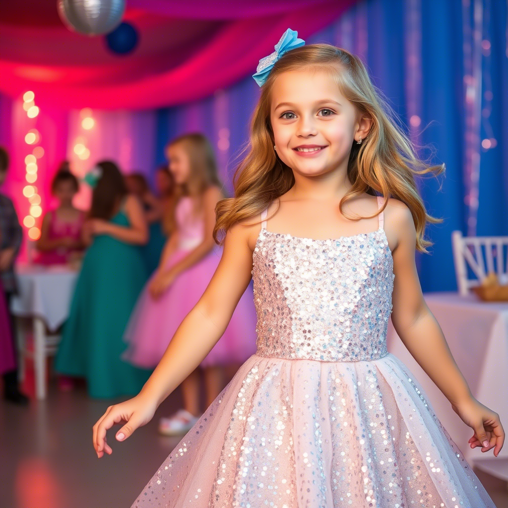 Young girl twirling in a sparkly sequin dress at a kids’ party