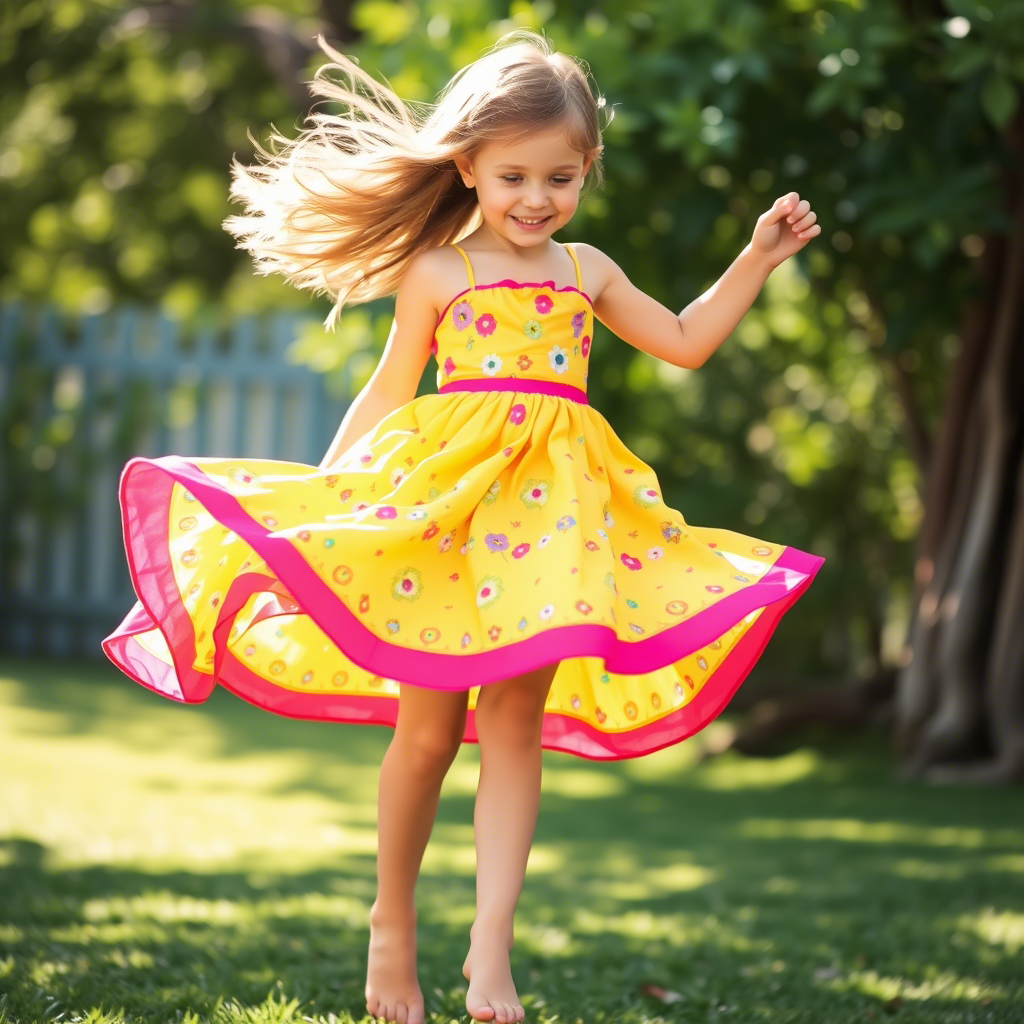 Young girl twirling in a vibrant sundress outdoors