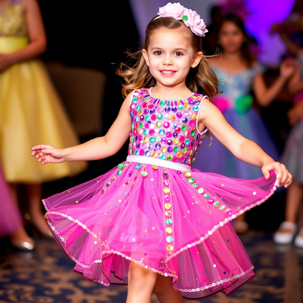 Young girl twirling in colorful sequin dress for festive occasion