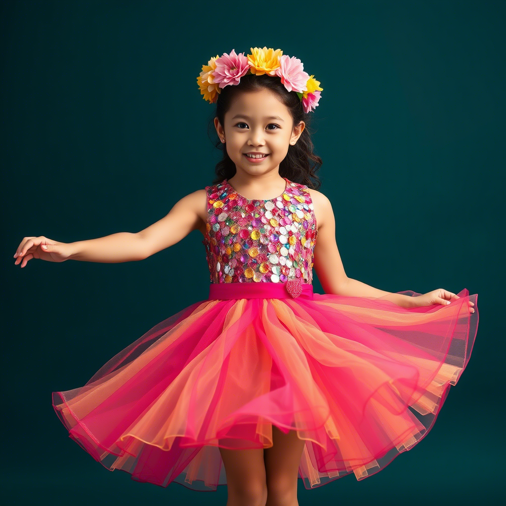 Young girl twirling in colorful sequined dress with flower crown